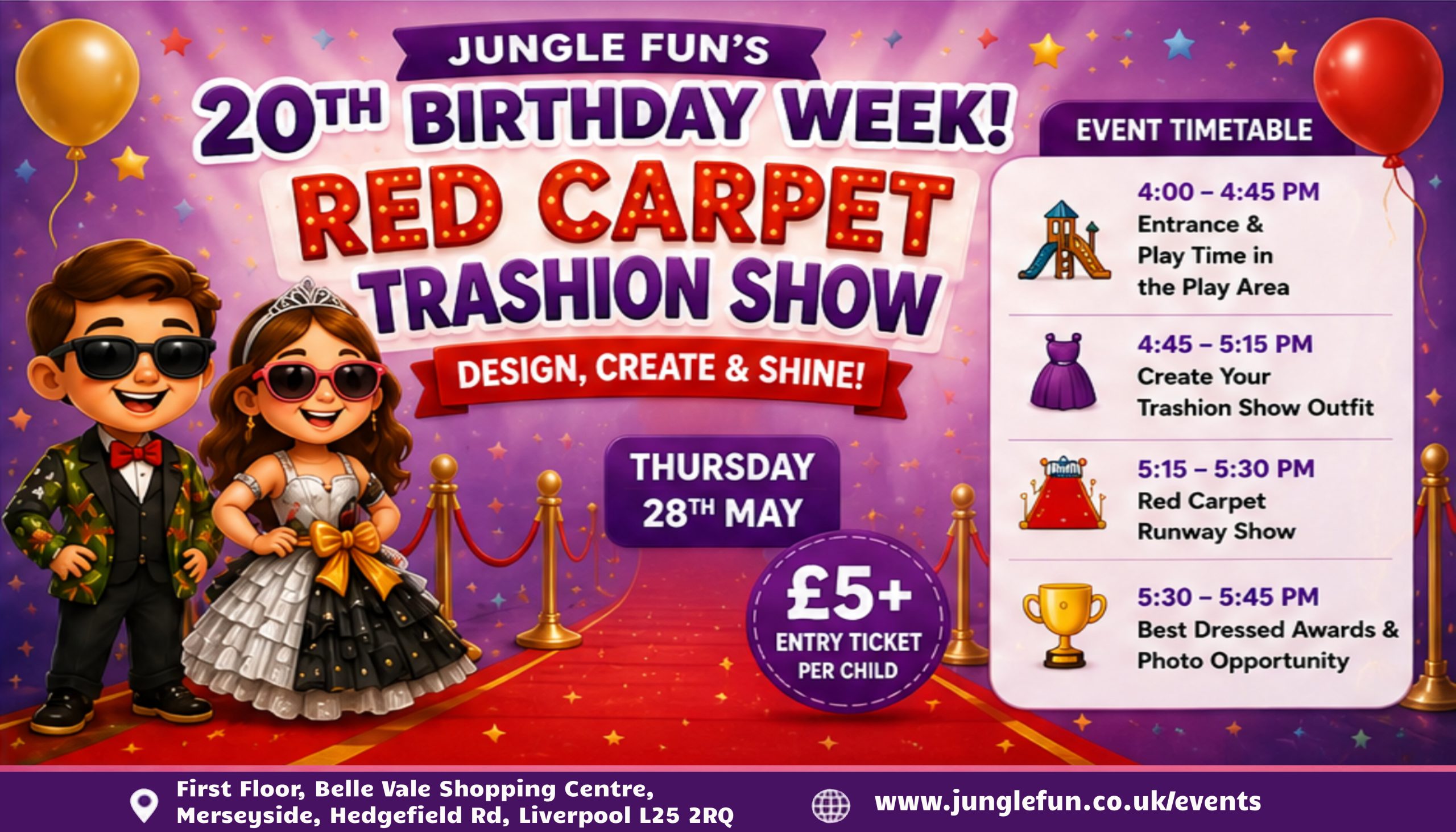 Red carpet fashion show event for children at Jungle Fun